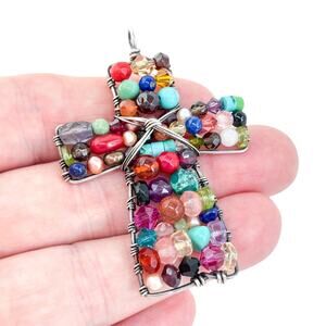 Vintage Artisan Silver Tone Colorful Assorted Gemstone Cross Pendant